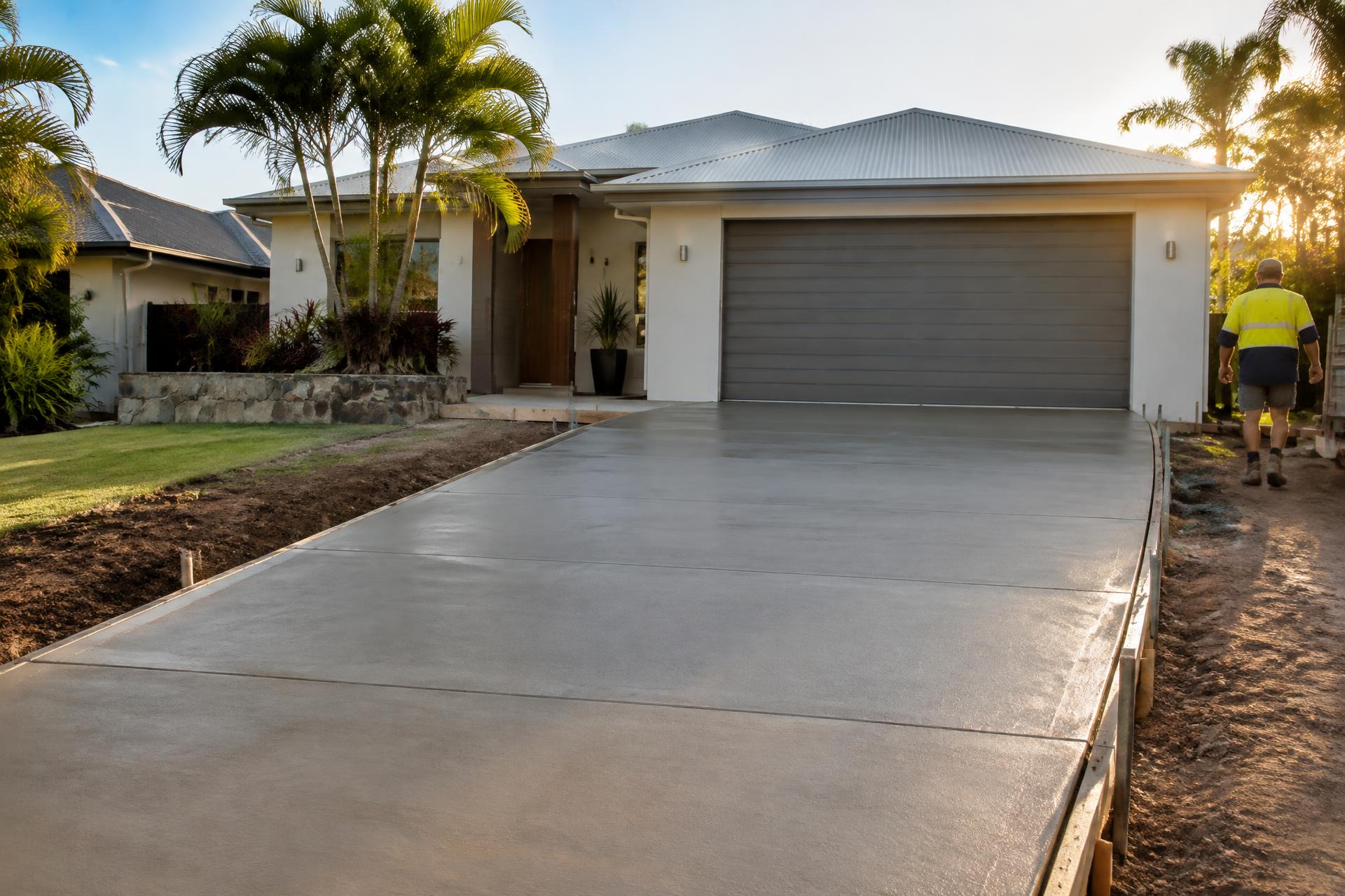 Freshly finished concrete driveway in front of a Queensland home